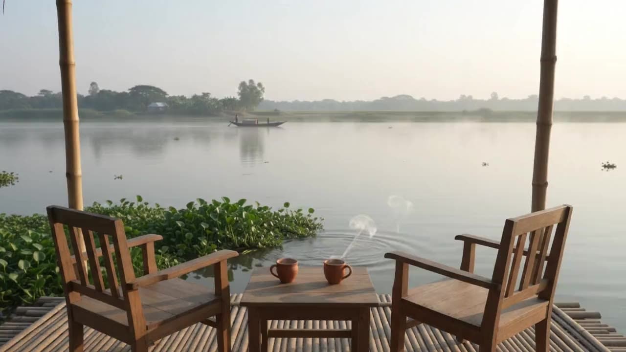 A wooden veranda facing a still river at dawn