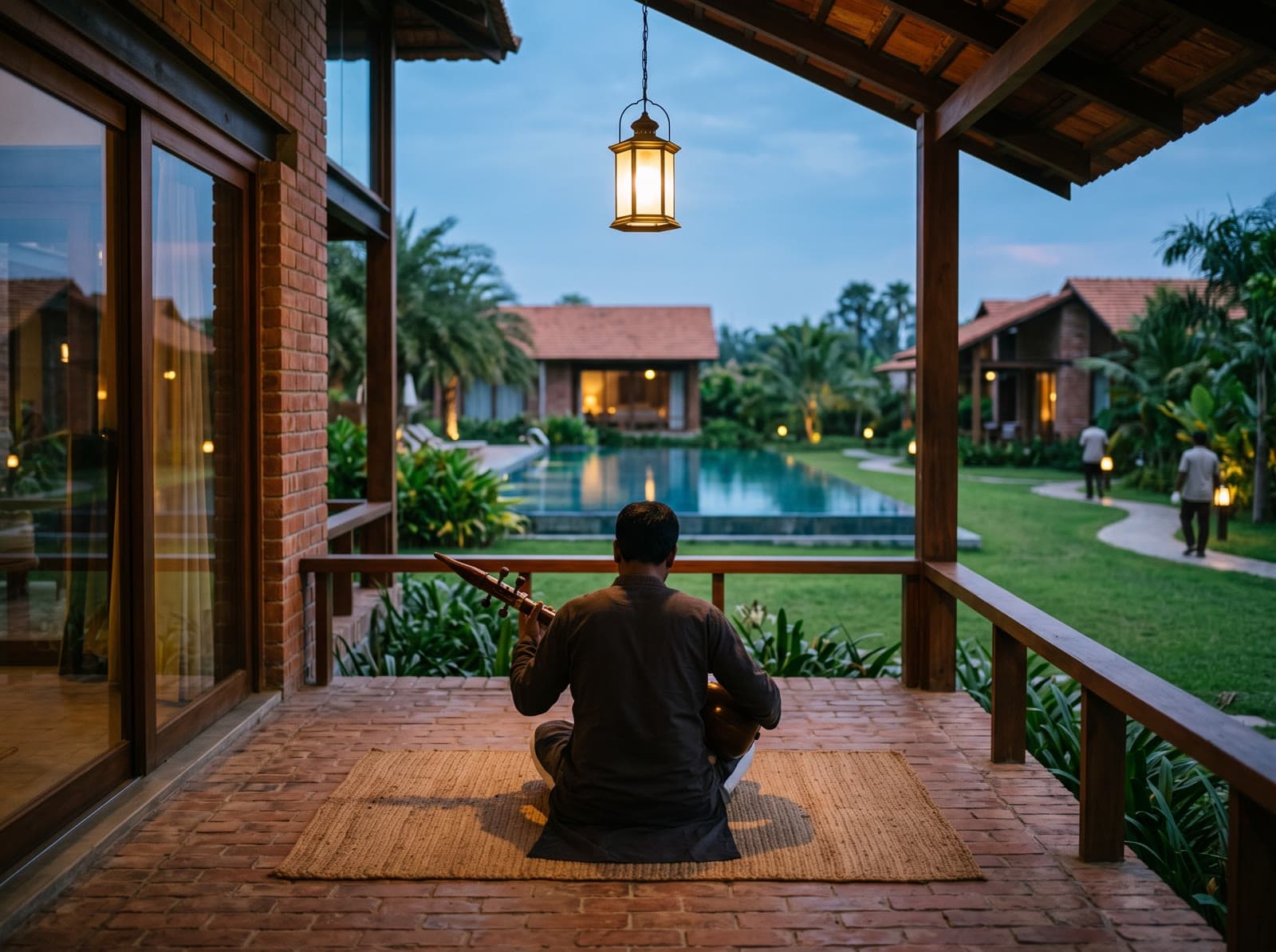 Generated scene of a fictional dotara player on a veranda.