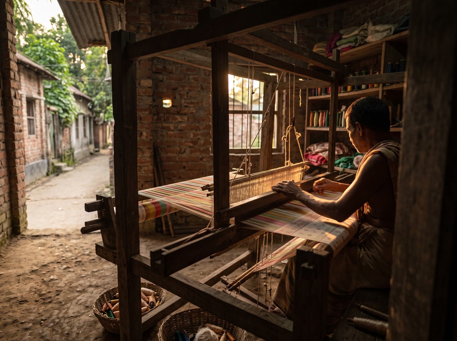 Generated scene of a fictional silk loom in a Rajshahi lane.