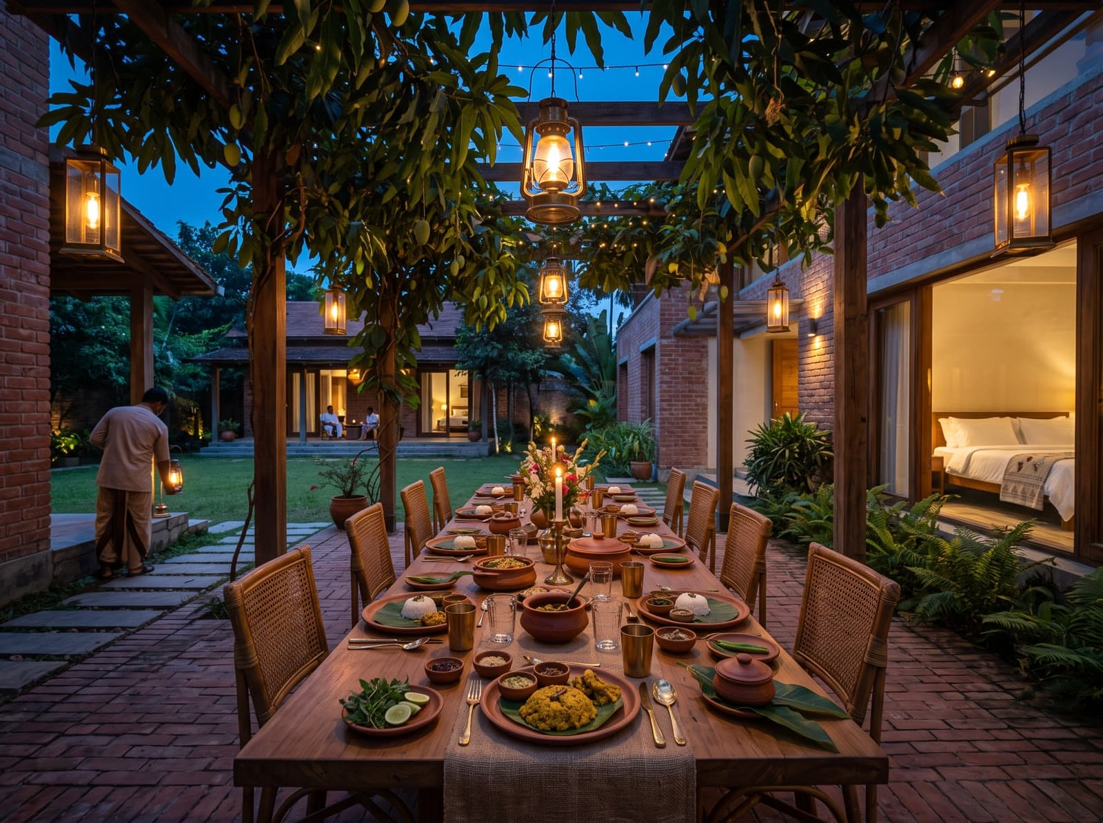 Generated scene of a fictional courtyard dinner.