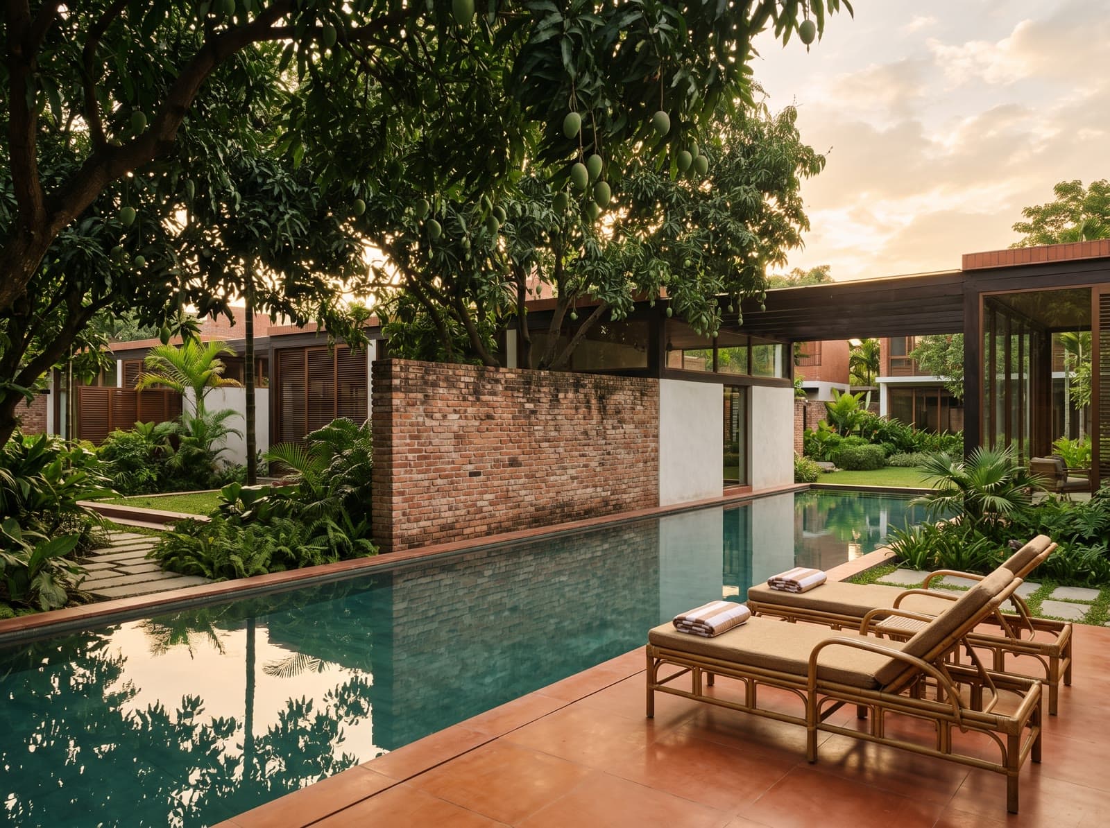 Generated scene of a fictional lap pool in a mango garden.