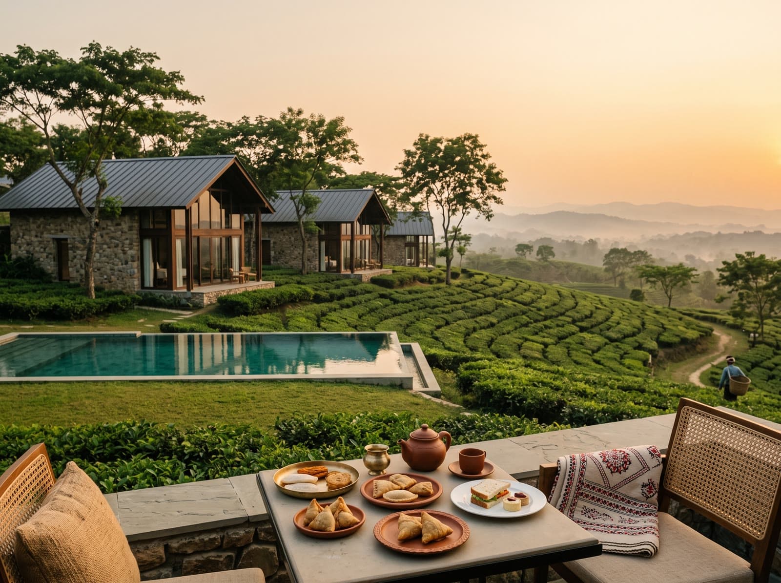 Generated scene of a fictional hillside retreat above tea in Sylhet.