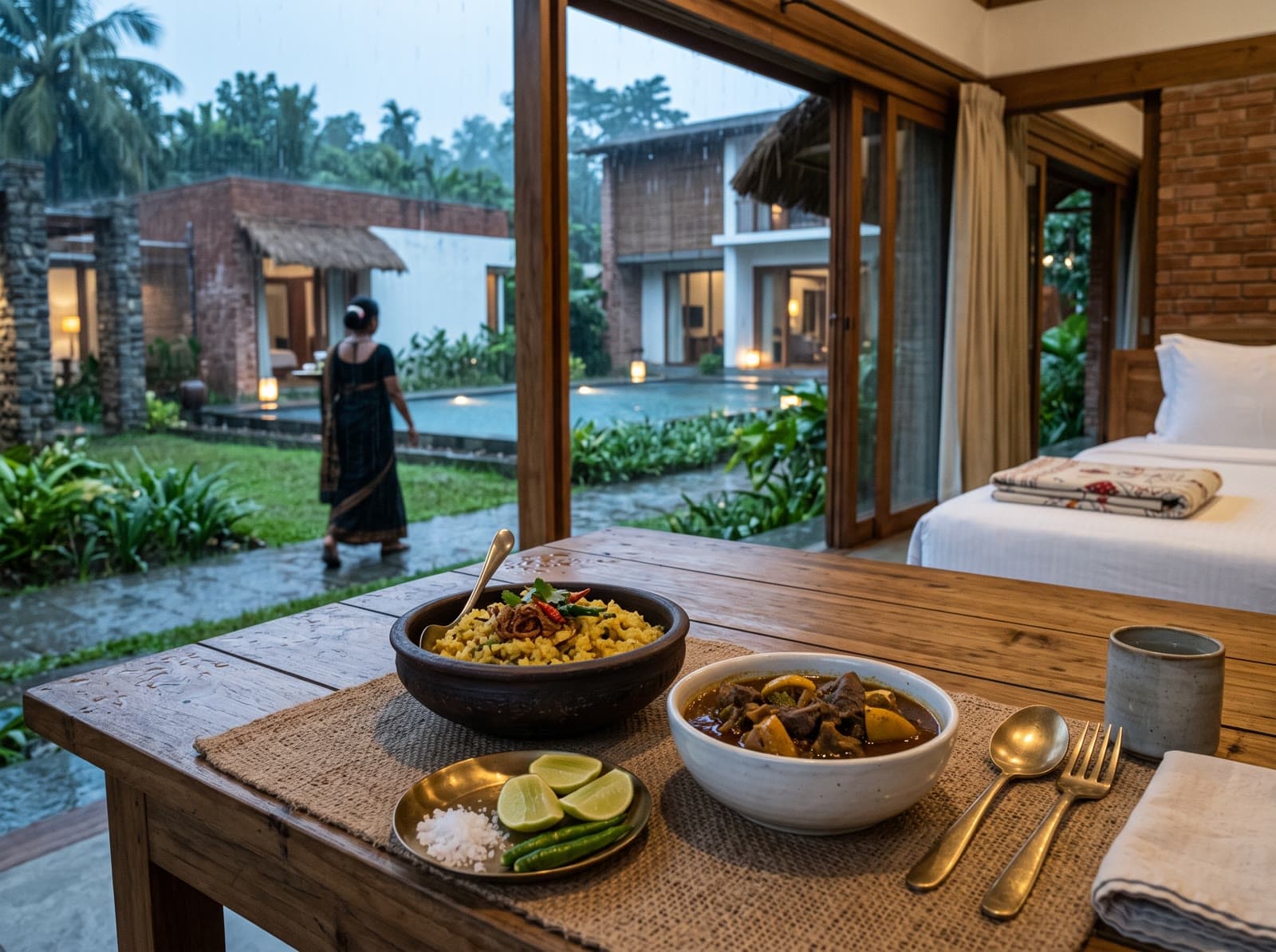Generated scene of a fictional rainy-evening dinner on a veranda.