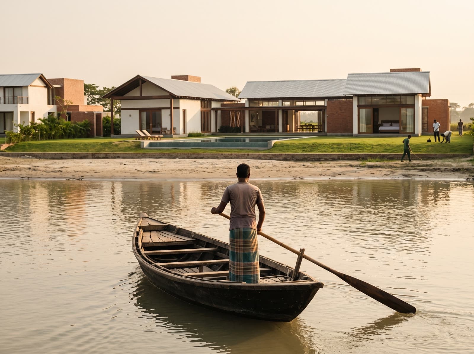 Generated scene of a fictional country boat on a wide river.