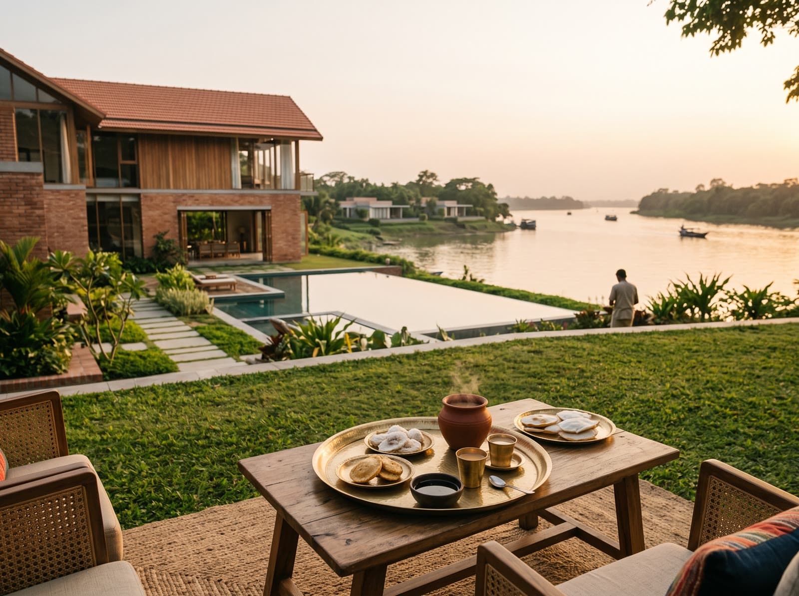 Generated scene of fictional pitha and tea on a river lawn.